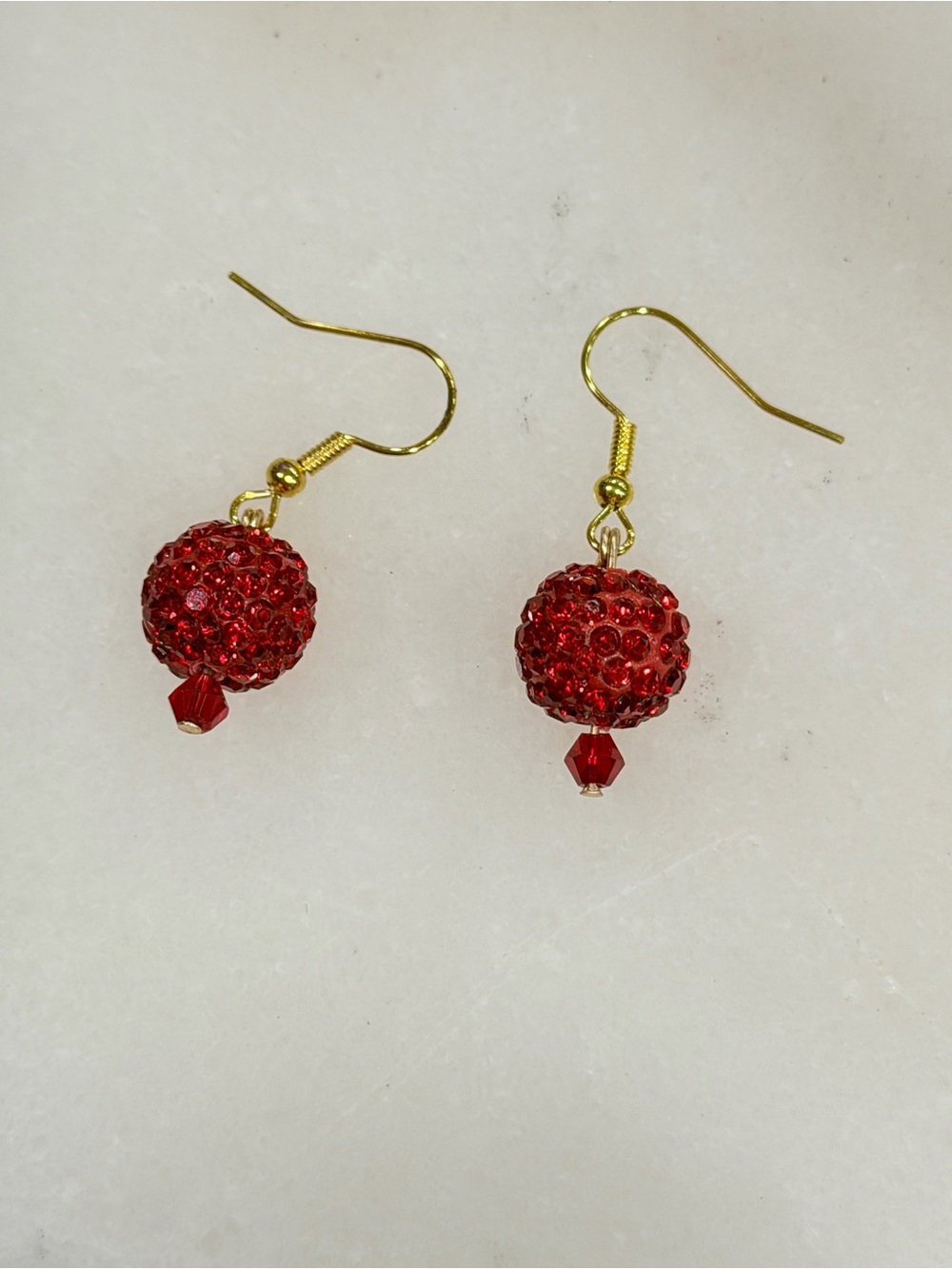 Red Crystal Ball Drop Earrings Handmade Gold Tone Evening Jewelry